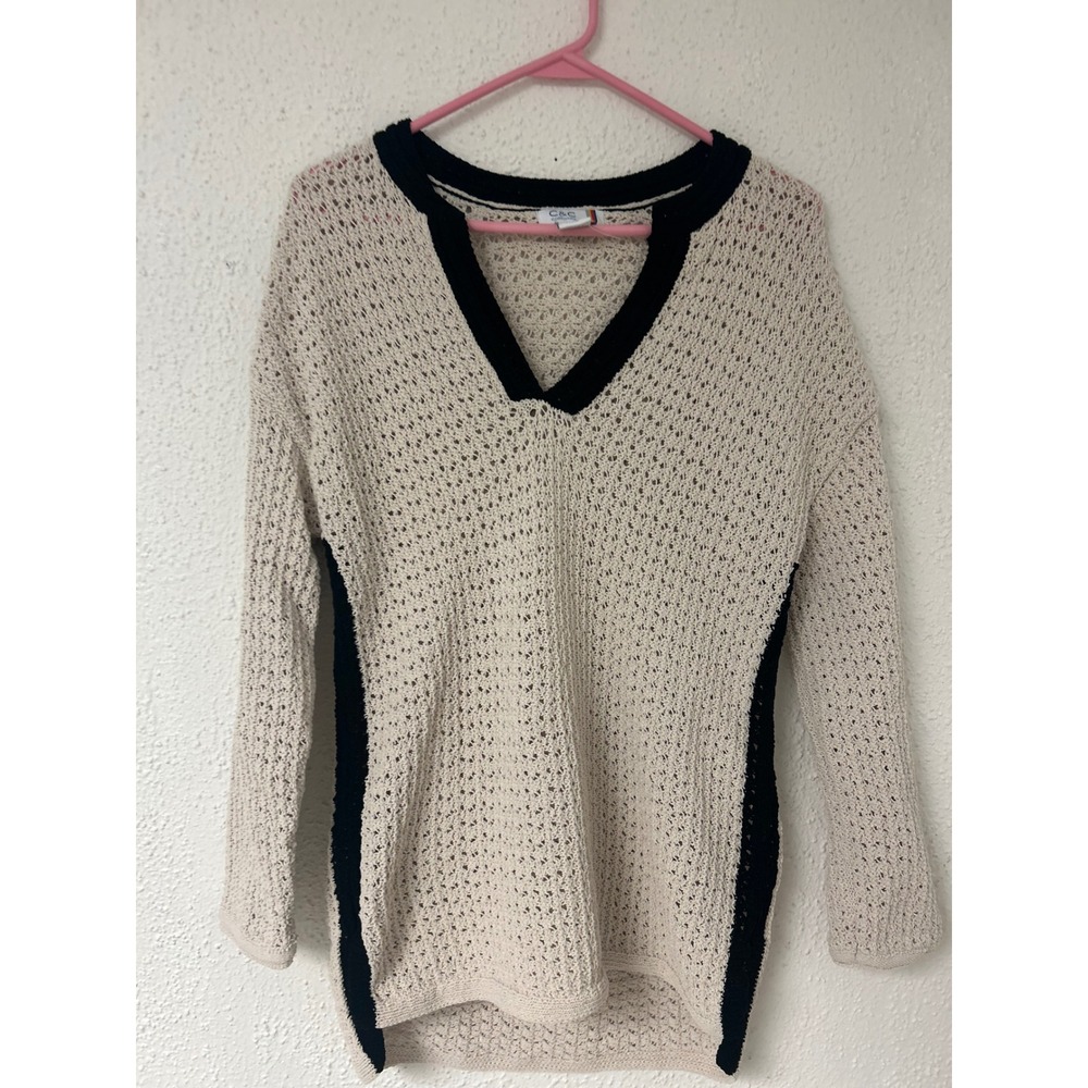 C&C California Women Cream Black Open Knit V-Neck Sweater XS Pullover - Picture 2 of 6